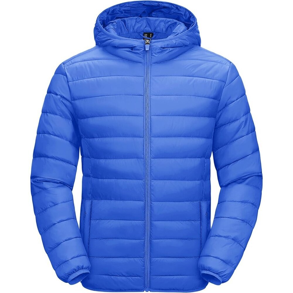 Men's Sky Blue Green Hooded Water-Resistant Outerwear Warm Quilted Puffer Jacket
